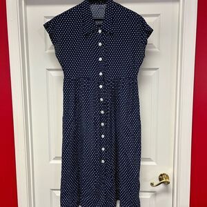 Vintage Navy Polka Dot Cap Sleeve Button Down Dress sz L